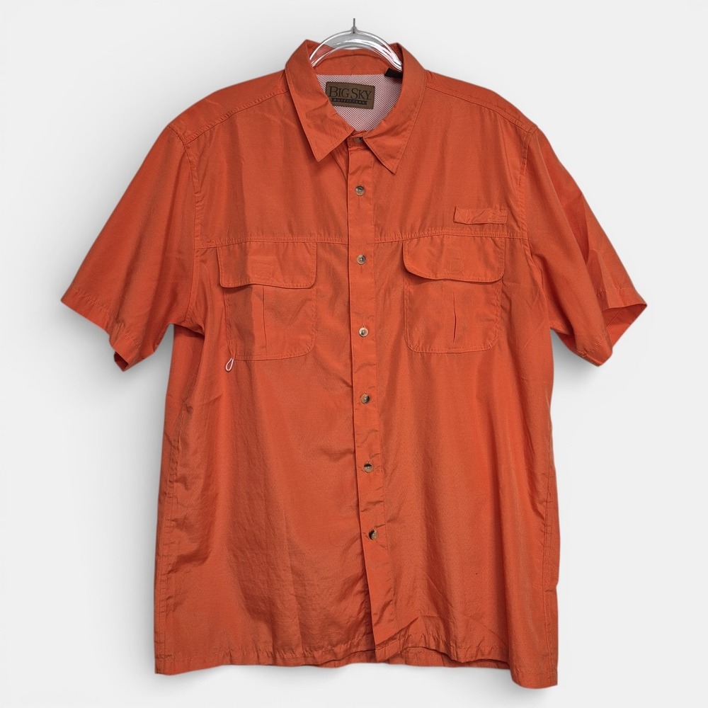 Big Sky Outfitters Mens XL Orange Short Sleeve Fishing Shirt Ventilated Pockets